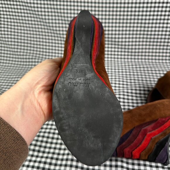 Miu Miu Vintage Y2K Suede Brown Rainbow Wedge Peep Toe Heel EU 38.5 / US 8.5 - Picture 7 of 7